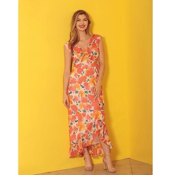 London Times Chiffon Faux Wrap Ruffle Maxi Dress Guest of Wedding size 12 - Picture 1 of 6